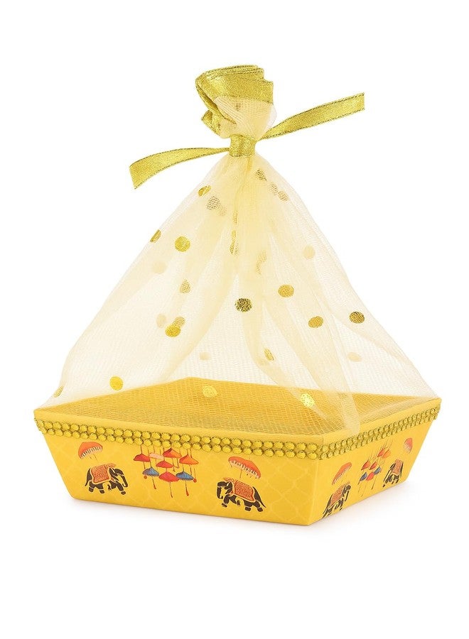 Scissors Crafts - Decorative Gift Basket with Traditional Dance Art & Net Cover | storage Hamper Basket | Cardboard Hamper Basket | {,8*8*3}| Two Ehinic Style (royal umbrela & elephant design, 20) - Image 4